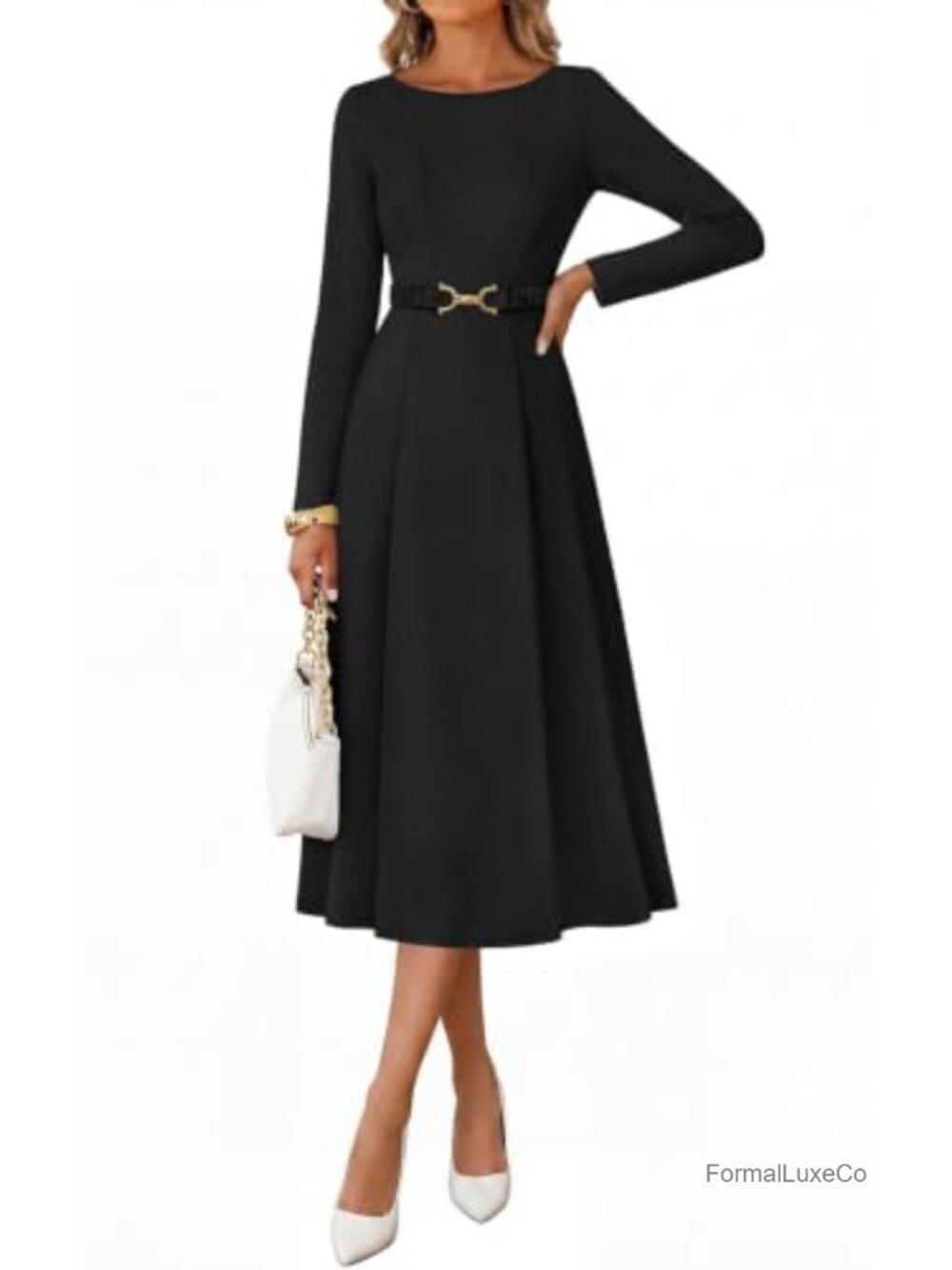 Long Sleeve Midi Dress Boat Neck Fit Flare Pockets Semi Formal Wedding Guest